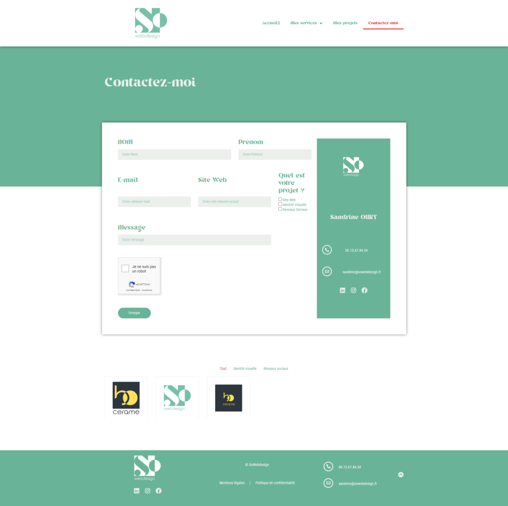 Page contact du site internet SoWebdesign, concepteur designer de site web et identité visuelle.